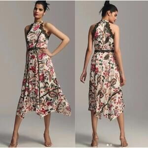 NWT Anthropologie Lace Trim Asymmetrical Satin Midi Dress Size 8